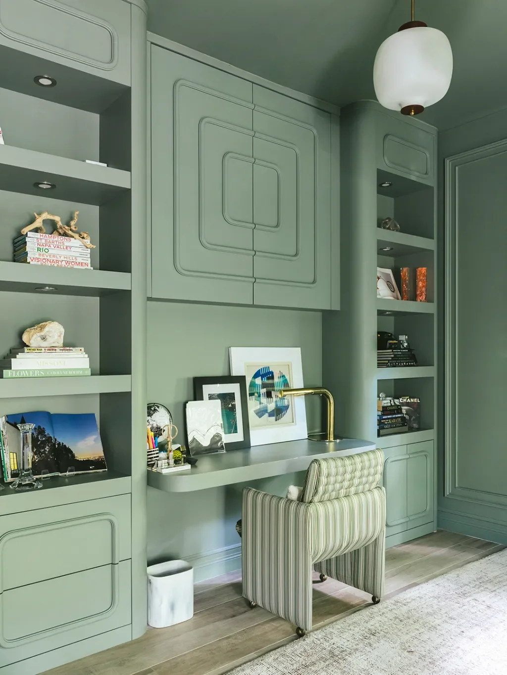Curved Picture Frame Molding Softens This Sage Green Office's Formal Edge