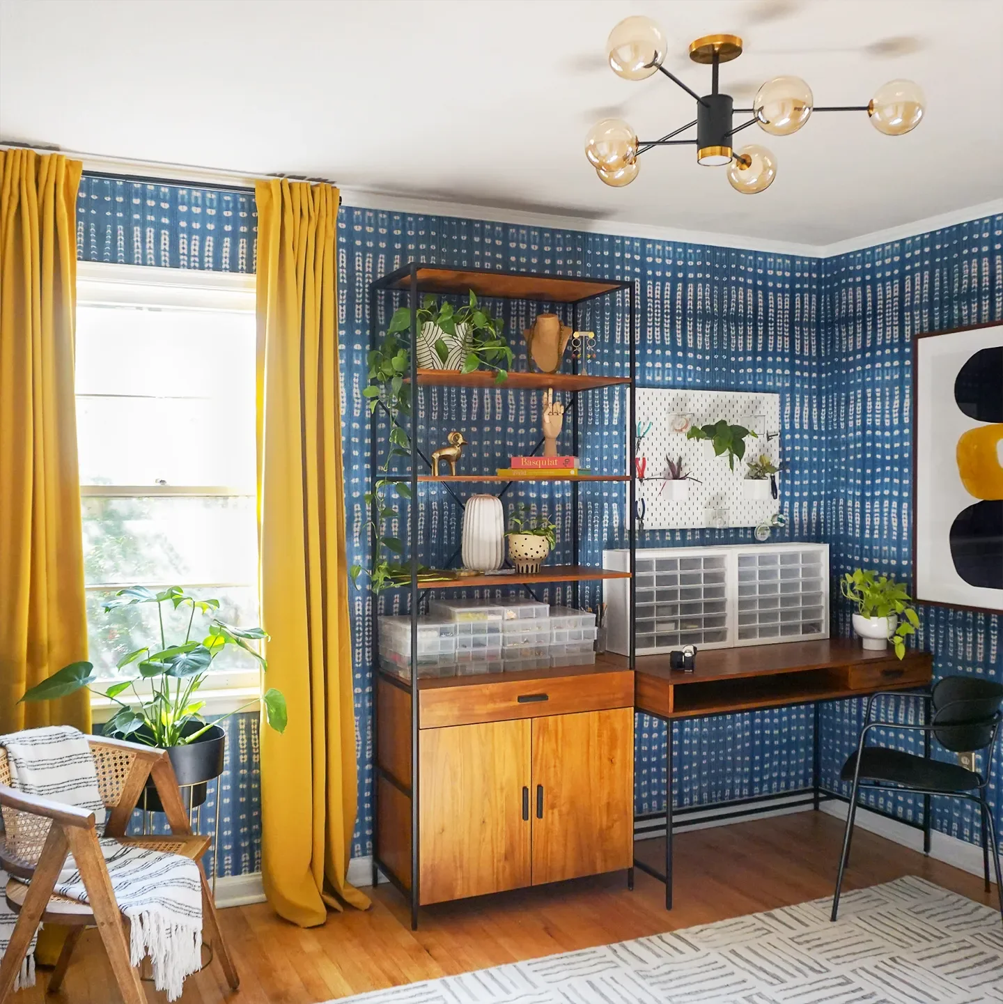 Built-In Cubbies and Statement Wallpaper Anchor This Home Office Built for Two Careers