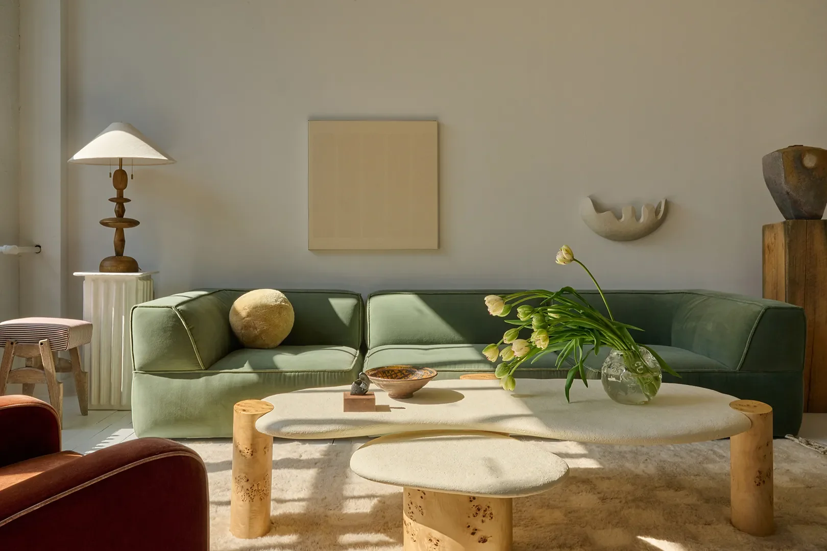 Angolare 3-Piece Sectional Sofa,Sassolino Burl-Wood Nesting Tables, andPalle Shearling Sphere Pillow, Athena Calderone for Crate & Barrel; Sophia Roe Vintage Vase,Louise Roe; Gambit Rug, Athena Calder