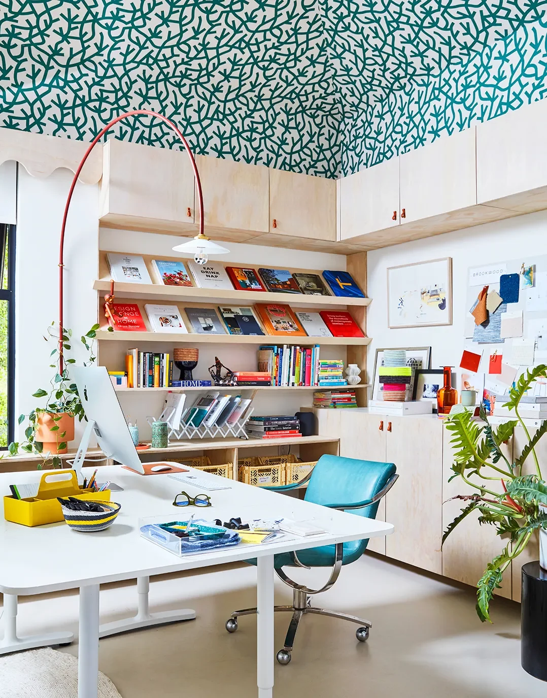 This Office's Wallpapered Ceiling Steals the Show—But the Wavy Window Trim Runs a Close Second