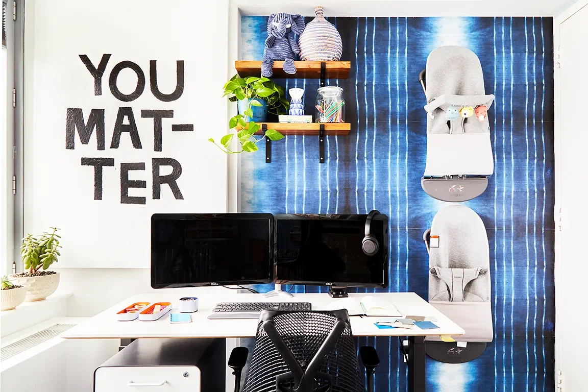 DeskandTask Chair, Herman Miller; File Cabinet,Poppin; Wallpaper,Chasing Paper.