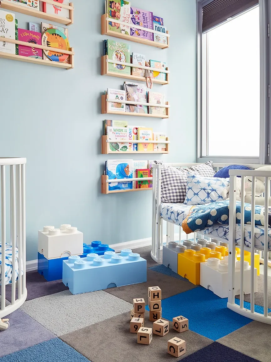 Lego Boxes,Amazon; Carpet Tile,Flor; Book Ledges,IKEA.
