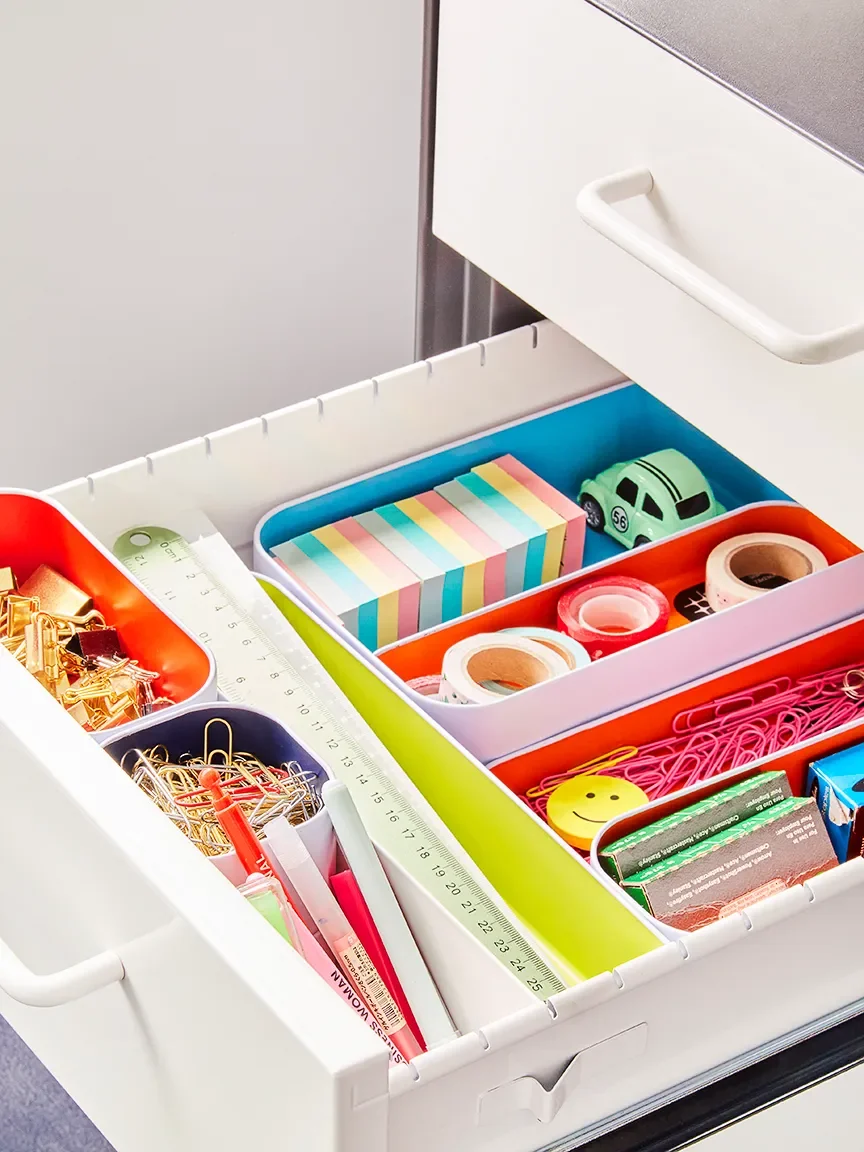 File Cabinet,Poppin; Drawer Organizer,Three by Three.