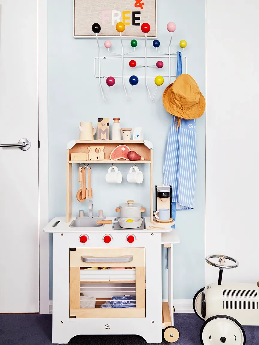Eames Hang It All,Herman Miller; Play Kitchen by Hape,Maisonette; Toy Car,Vilac; Paint,Clare.